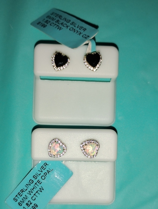 Jewelry - Sterling Silver Heart Stud Earrings - Black Onyx and White Opal Gold Over